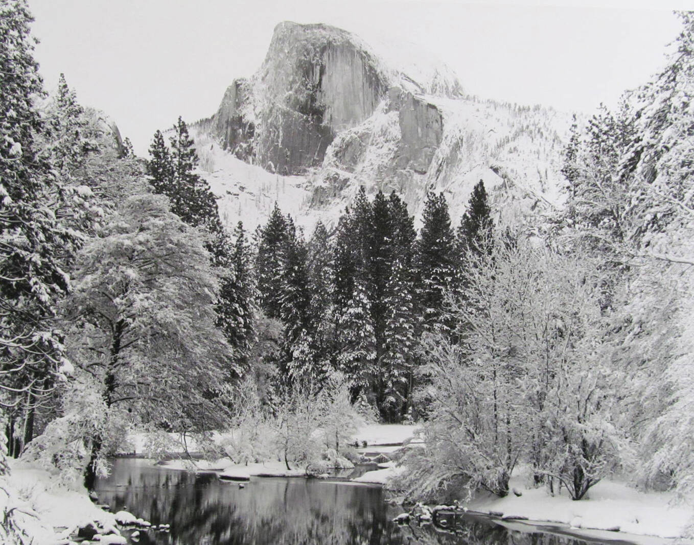Black and white photography of a mountain with snow covered trees.